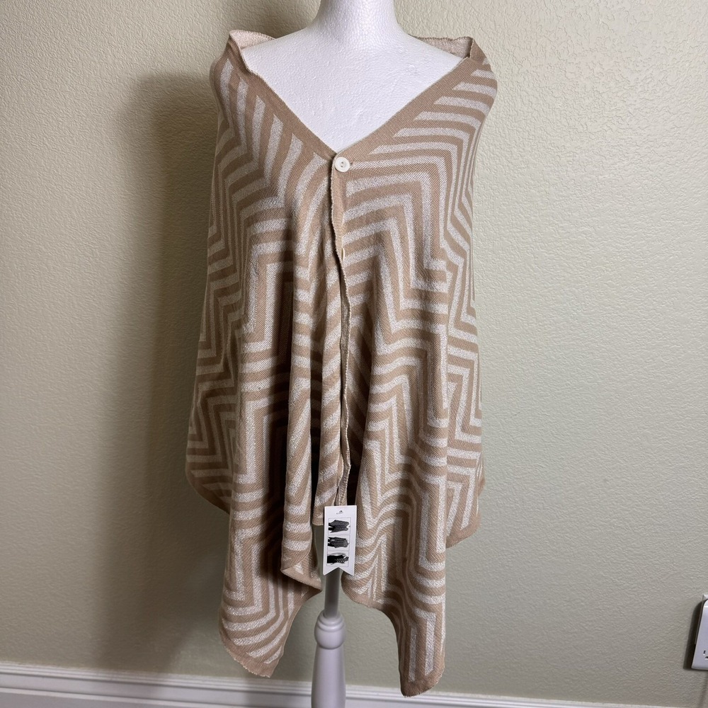 Cruise Club Cardishawl Womens OS Metallic Chevron Tan Beige Convertible Poncho